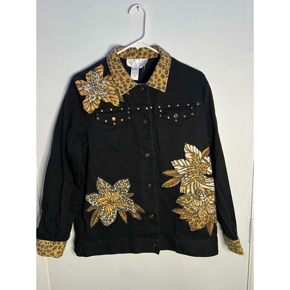 Diane’s Essentials Jacket Womens M Black Denim Leopard Floral Studded Y2K